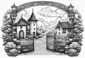 sky medieval town garden small houses gate entrance 
 in rounded vignette surrounded by clouds tattoo idea