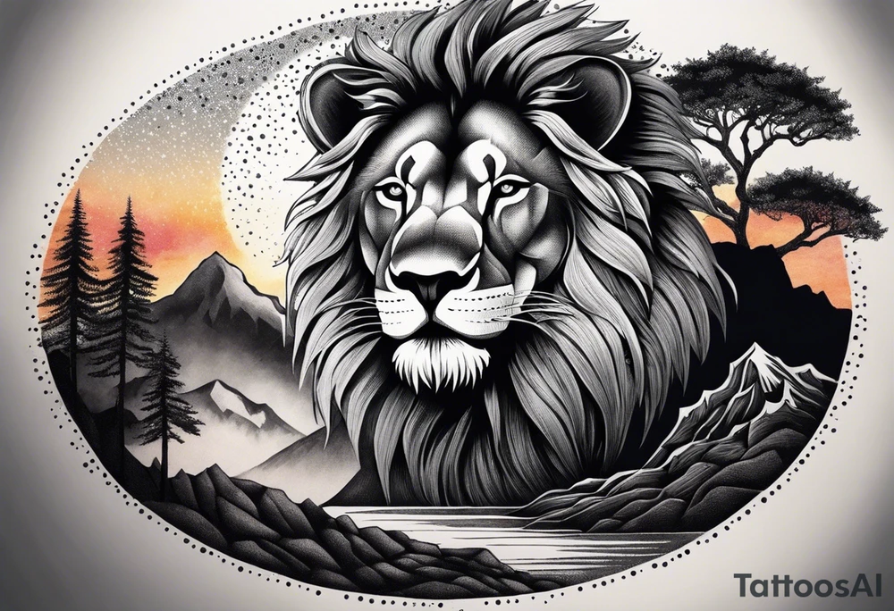 Tattoo in the shape of a lion head with a father and son in the mountains with  a waterfall and cross in the background and a sunset inside of it tattoo idea