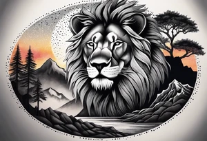 Tattoo in the shape of a lion head with a father and son in the mountains with  a waterfall and cross in the background and a sunset inside of it tattoo idea
