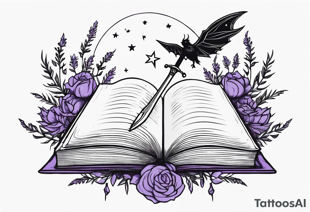 a small open fantasy book. a high flying dragon. A fallen pawn. a cluster of lavender wrapped around a sword with a bee. A tiny raven. Stars and crescent moon. tattoo idea