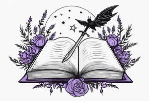 a small open fantasy book. a high flying dragon. A fallen pawn. a cluster of lavender wrapped around a sword with a bee. A tiny raven. Stars and crescent moon. tattoo idea