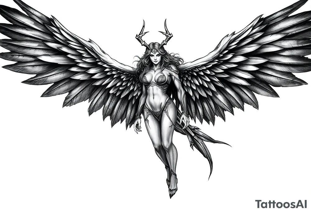 A fierce looking Valkyrie with very big dark wings. The whole body with legs should be visible tattoo idea