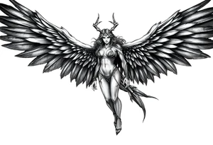 A fierce looking Valkyrie with very big dark wings. The whole body with legs should be visible tattoo idea