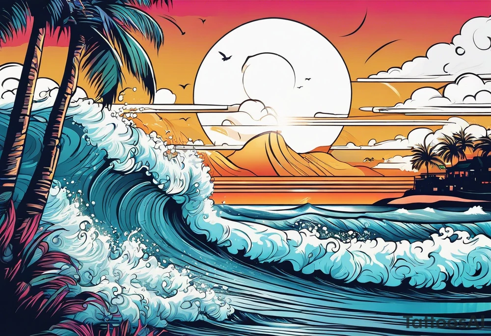 Retro design with a coffee mug and ocean waves, palm trees tattoo idea