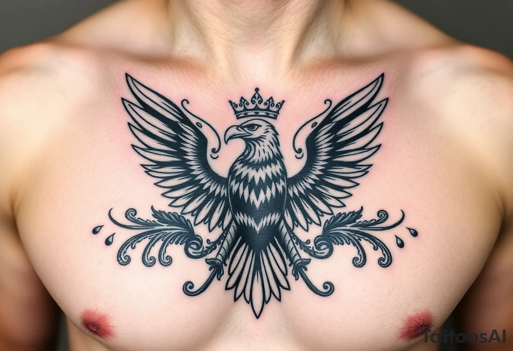 Chest tattoo,powerful two polish symetricals majestic darks eagle with crown, surrounded by lure ornaments tattoo idea