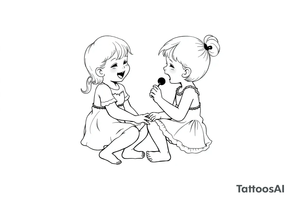 Zwei lachende kleine mädchen sitzen sich gegenüber eine hat einen Dutt die andere einen Zopf und sie berühren sich an den Fußsohlen seitenansicht tattoo idea