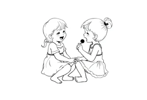 Zwei lachende kleine mädchen sitzen sich gegenüber eine hat einen Dutt die andere einen Zopf und sie berühren sich an den Fußsohlen seitenansicht tattoo idea