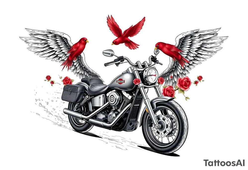 Harley grey motorcycle driving away, two red birds flying, roses, flames, angel wings tattoo idea