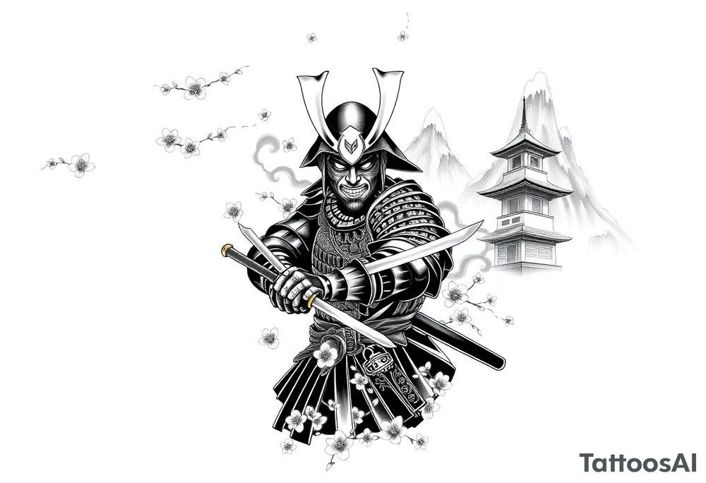 Design a detailed, all-black full arm sleeve tattoo featuring a traditional Japanese theme. The central figure is a fierce, heroic Japanese samurai warrior in full armor, wielding a katana. The samurai is positioned in a dynamic stance, as if preparing for battle, with intricate armor details like gold accents (only hinted in black shading) and ornate plating. Surrounding the samurai, delicate cherry blossoms bloom in full detail, their petals scattered across the sleeve with soft, swirling wind patterns. In the background, traditional Japanese structures, such as a pagoda, are subtly integrated, standing tall against a backdrop of misty, towering mountains that dominate the upper arm and shoulder area.

The sleeve also includes a highly detailed, intimidating Oni mask positioned on the inner forearm. The Oni mask has sharp, exaggerated features with heavy black shading, showing off its menacing grin and fiery eyes. Thin smoke or mist trails from the mask, weaving around the sleeve and merging with the surrounding elements. The overall design flows naturally, with the elements blending into each other seamlessly, using dark, dense shading to create depth and contrast, while maintaining a sense of movement and balance throughout the arm tattoo idea