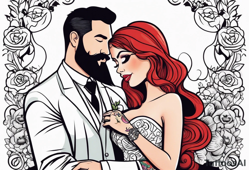 Busty red haired woman with a bearded man who has black hair getting married tattoo idea