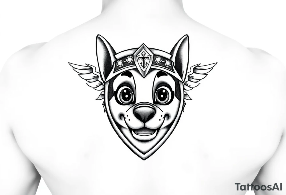 A realistic paw patrol print with a knight's crest, adorned with metallic details, symbolizing bravery and protection. tattoo idea