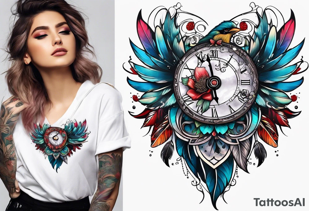 Shade feather clock flower heart tattoo idea