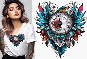 Shade feather clock flower heart tattoo idea