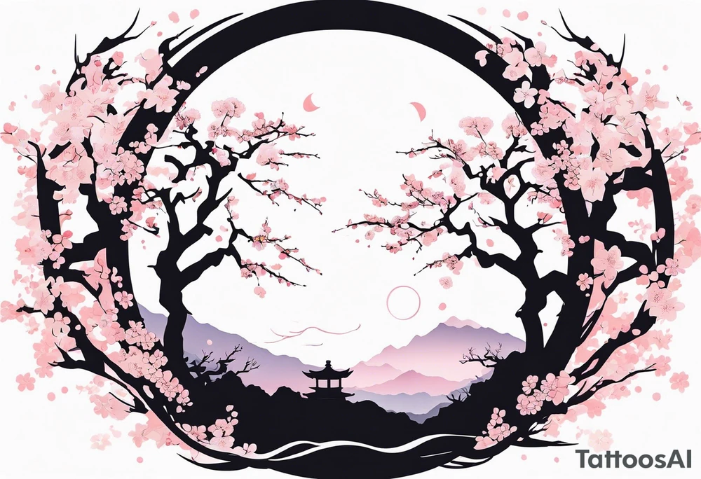 A circle of mist with cherry blossom trees on the left side growing upwards and downwards with the shadow kanji letter in the middle of the circle tattoo idea