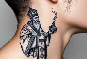Russian Orthodox Priest in a fully detailed gold vestment swinging a censer with smoke curling upward tattoo idea