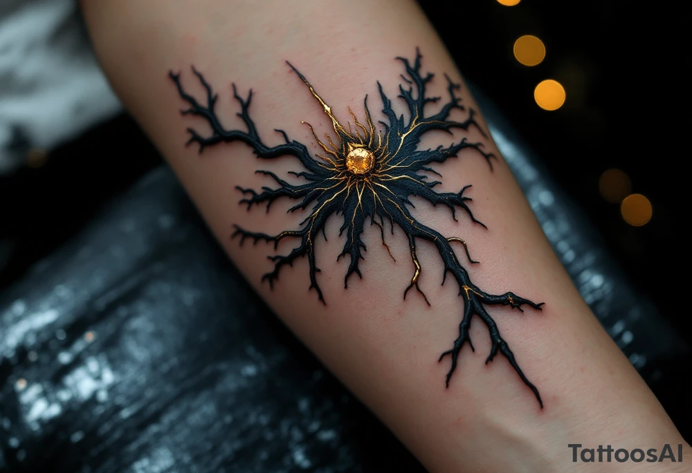 A fusion design of organic veins and metallic elements in jet black and bronze, blending with skin through shadowed transitions. tattoo idea