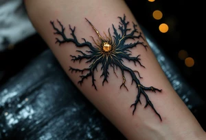 A fusion design of organic veins and metallic elements in jet black and bronze, blending with skin through shadowed transitions. tattoo idea