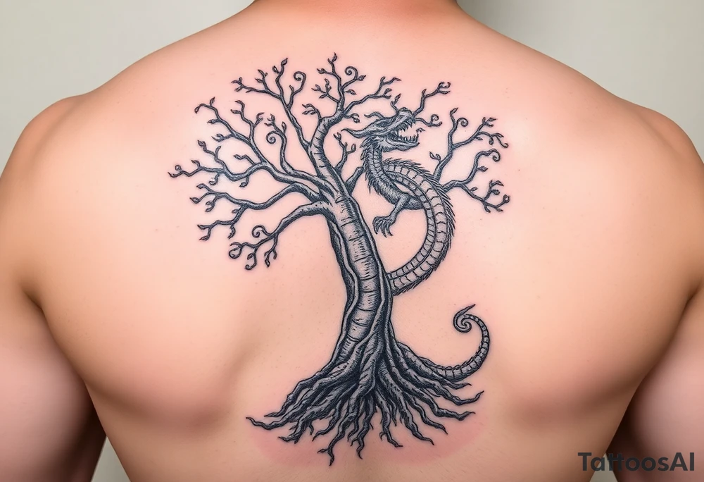 tree of life with roots absorbing a dragons tale while the dragon eats the top of the tree tattoo idea