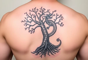 tree of life with roots absorbing a dragons tale while the dragon eats the top of the tree tattoo idea