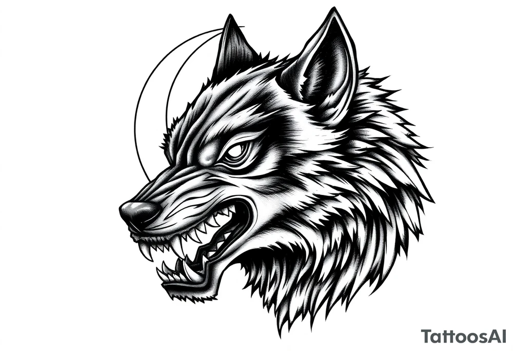 Detailed werewolf muzzle, bared teeth, glowing eyes, crescent moon silhouette behind. tattoo idea