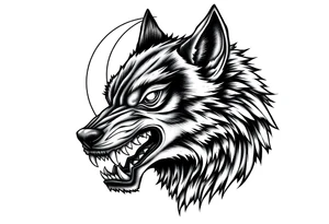 Detailed werewolf muzzle, bared teeth, glowing eyes, crescent moon silhouette behind. tattoo idea