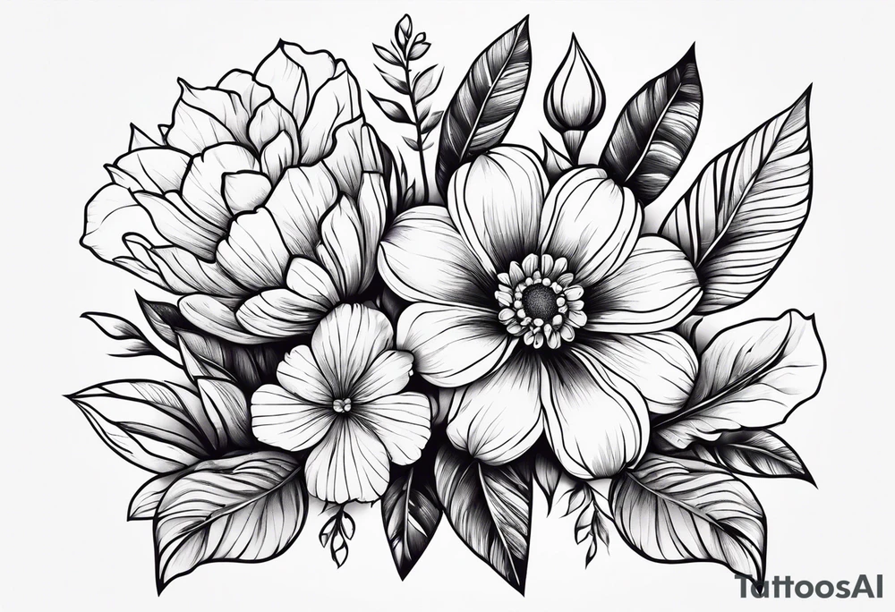 Flower bouquet with 5 flowers positioned up and down tattoo idea