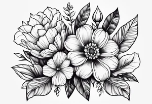 Flower bouquet with 5 flowers positioned up and down tattoo idea