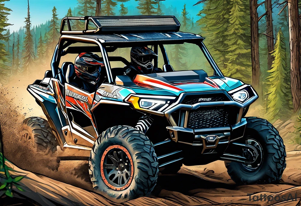 wilderness 4x4 trail with multiple polaris rzr off road vehicles slinging mud, include a rider with a helmet driving tattoo idea