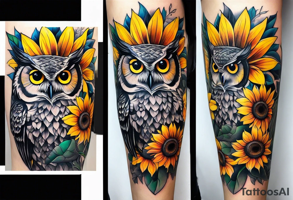 Leg sleeve with colorful sunflowers and an owl tattoo idea