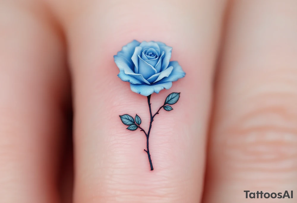 Tiny blue rose on finger, soft powder blue with tiny detailed leaves and a slender stem. tattoo idea