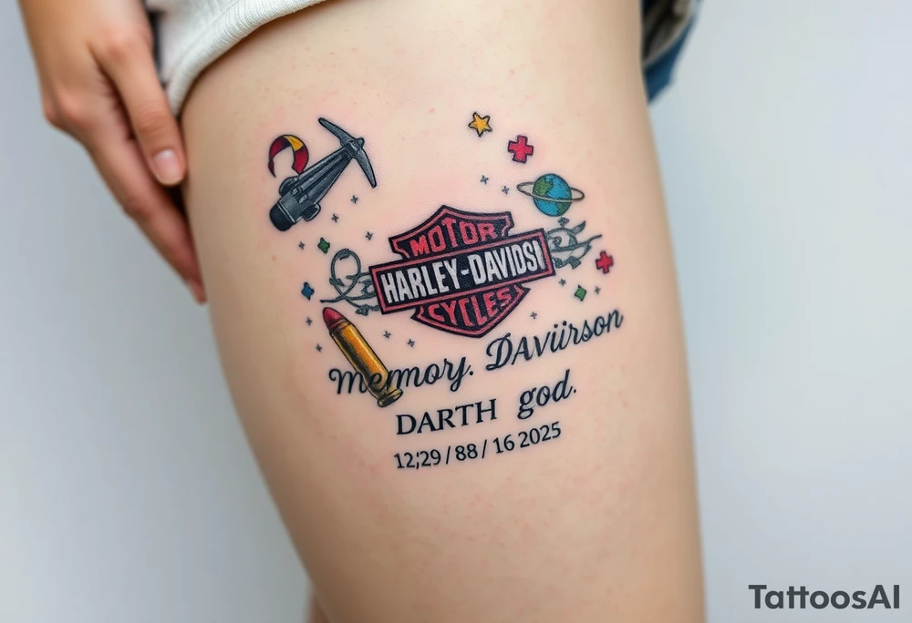 colorful futuristic memory tattoo for passed boyfriend;, star wars, space, Harley Davidson, skateboarding, puzzle pieces, video games, heaven, god, outdoors, 9mm bullet, words MEMENTO MORI & DARTH CARTER 12/29/88-01/06/2025 tattoo idea