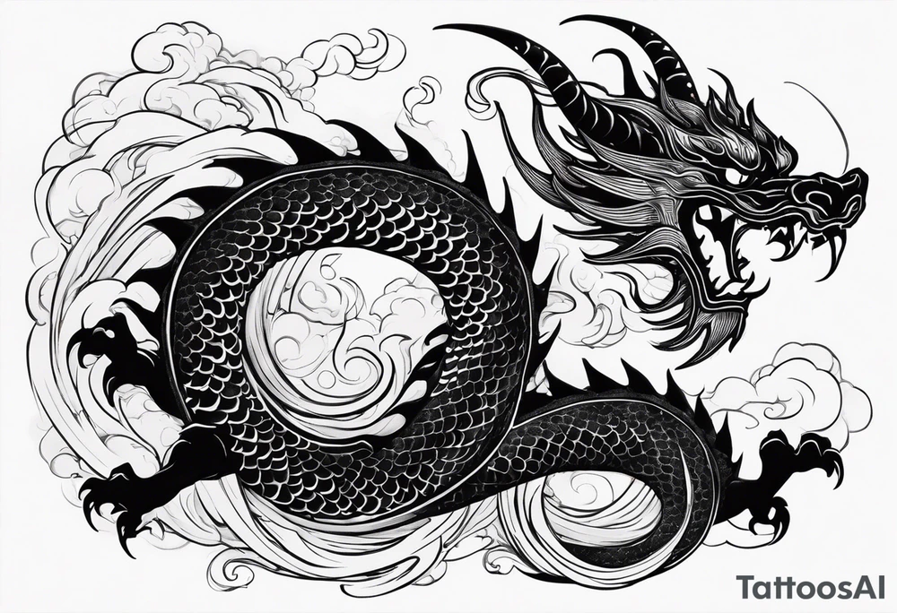An epic floating asian dragon. Its long body coiling dynamically, with scales and horns detailed to create a sense of movement and strength. The dragon's color is giving a vibrant depth and a mystical aura. This tattoo highlights the dragon’s fierce expression and sharp claws. tattoo idea