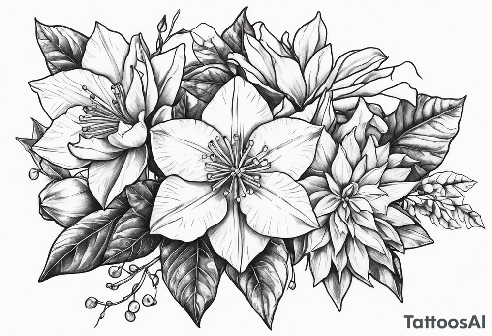 Narcissus, Poinsettia, Holly, floral bouquet tattoo idea