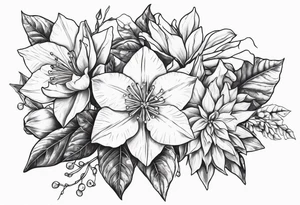 Narcissus, Poinsettia, Holly, floral bouquet tattoo idea