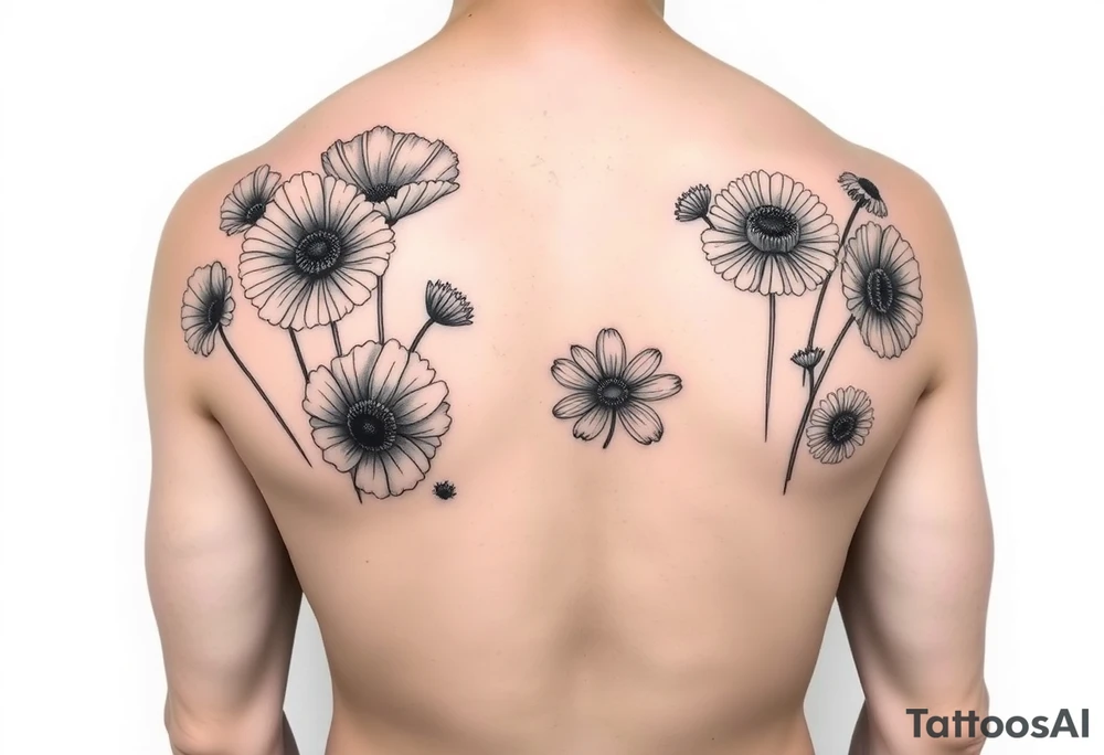 Create an image of an upper arm tattoo (from shoulder cap to just above the elbow) comprised of California poppies, California blackberries, gray’s lupine, marsh marigold, Indian paintbrush, one daisy, and an orange and orange blossom tattoo idea