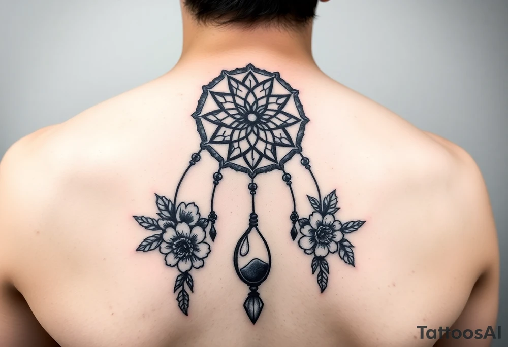 Boho dream catcher with gothic compass and hourglass. Beautiful flowers and an ornamental chandelier like look tattoo idea