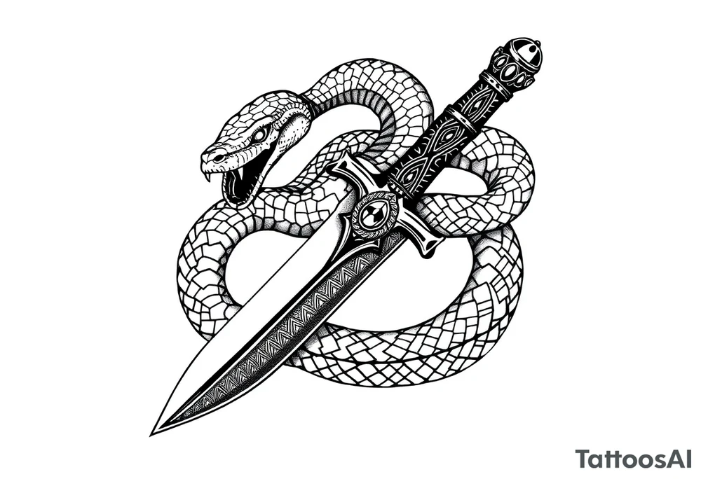 mystical snake coiled around an ancient dagger with jeweled hilt tattoo idea
