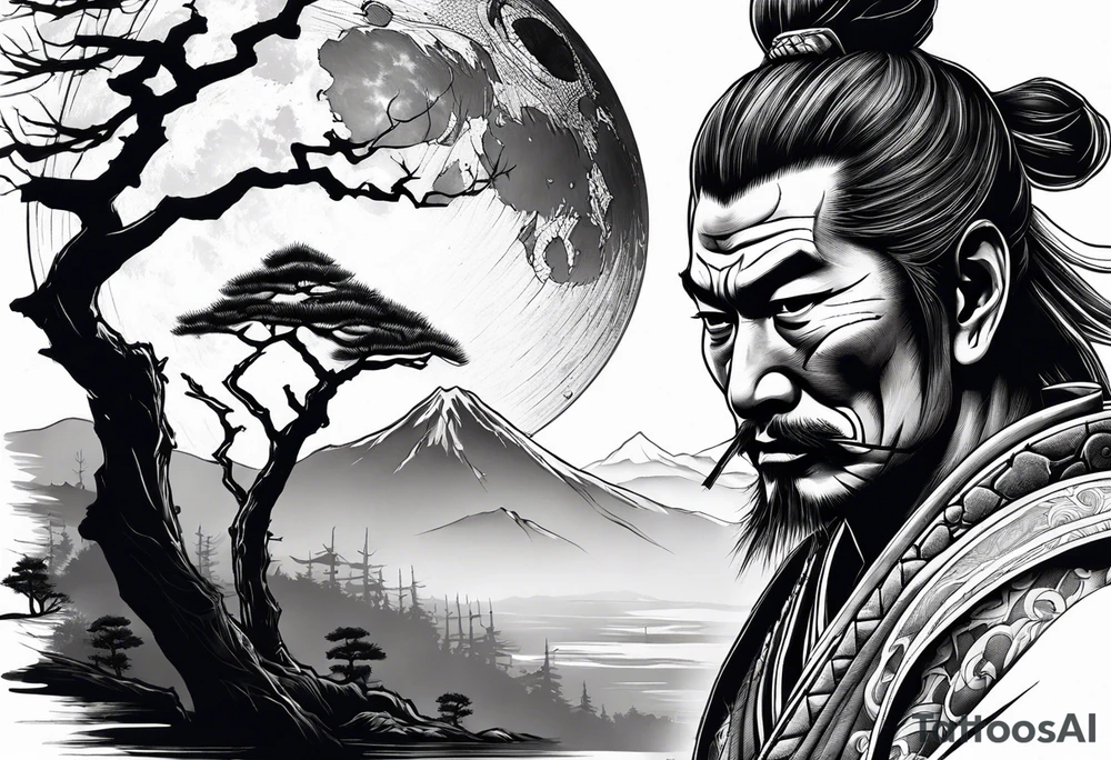 samurai with quarter moon and dead tree in the background tattoo idea