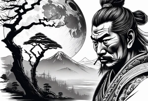 samurai with quarter moon and dead tree in the background tattoo idea