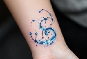 An ethereal Aries tattoo uses dots of light-blue and white to form the constellation in a dreamy galaxy swirl. tattoo idea