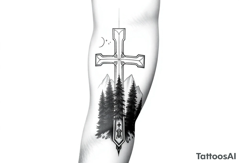 russian christian orthodox cross which is relatively small, with the diagonal line at the bottom with a light forrest with a light mountainous setting tattoo idea