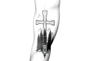 russian christian orthodox cross which is relatively small, with the diagonal line at the bottom with a light forrest with a light mountainous setting tattoo idea