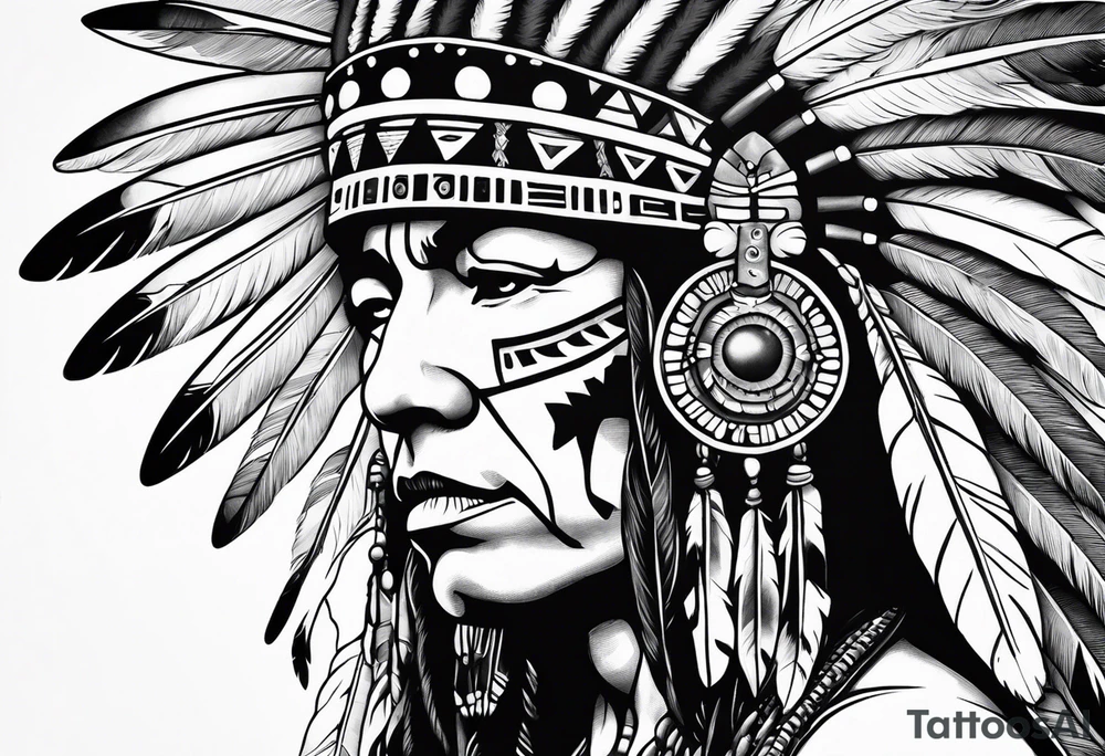 Native American wearing Headress Bones Praying tattoo idea