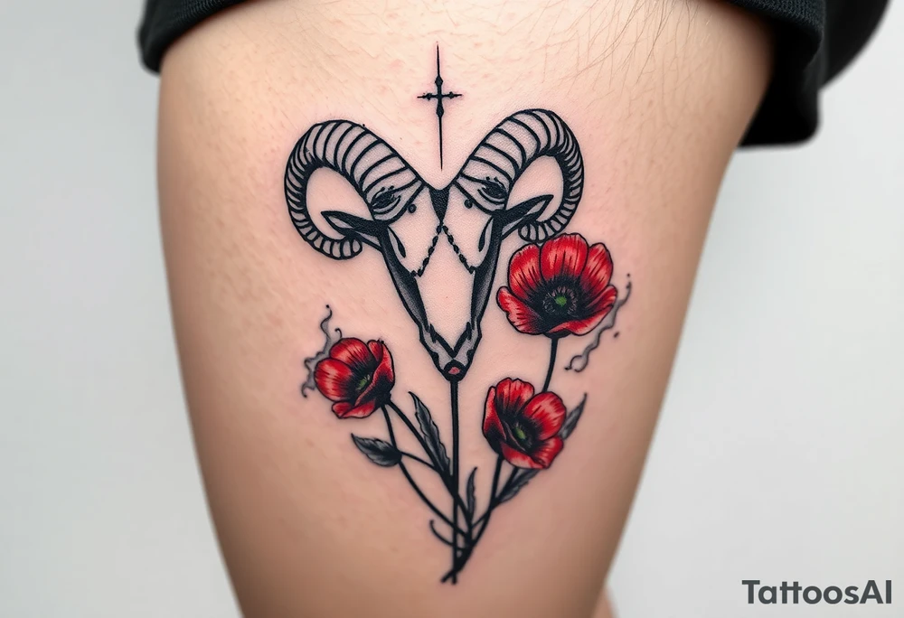Big army inspired , Aries, 2 red poppy’s, and smoke tattoo idea