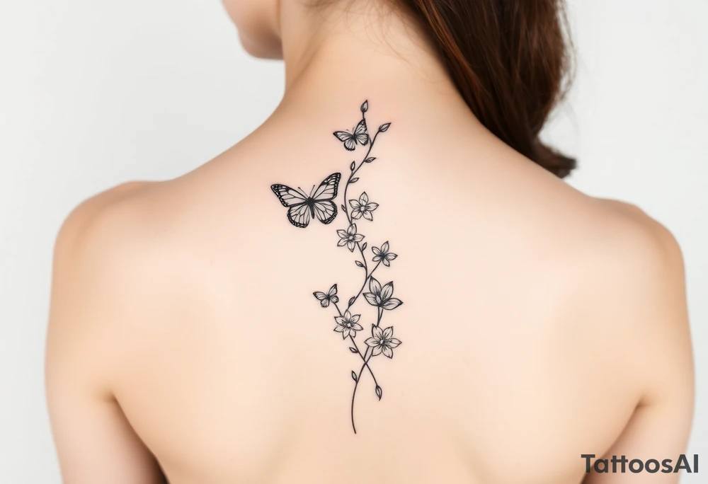 Flower vine with butterflies spine tattoo tattoo idea