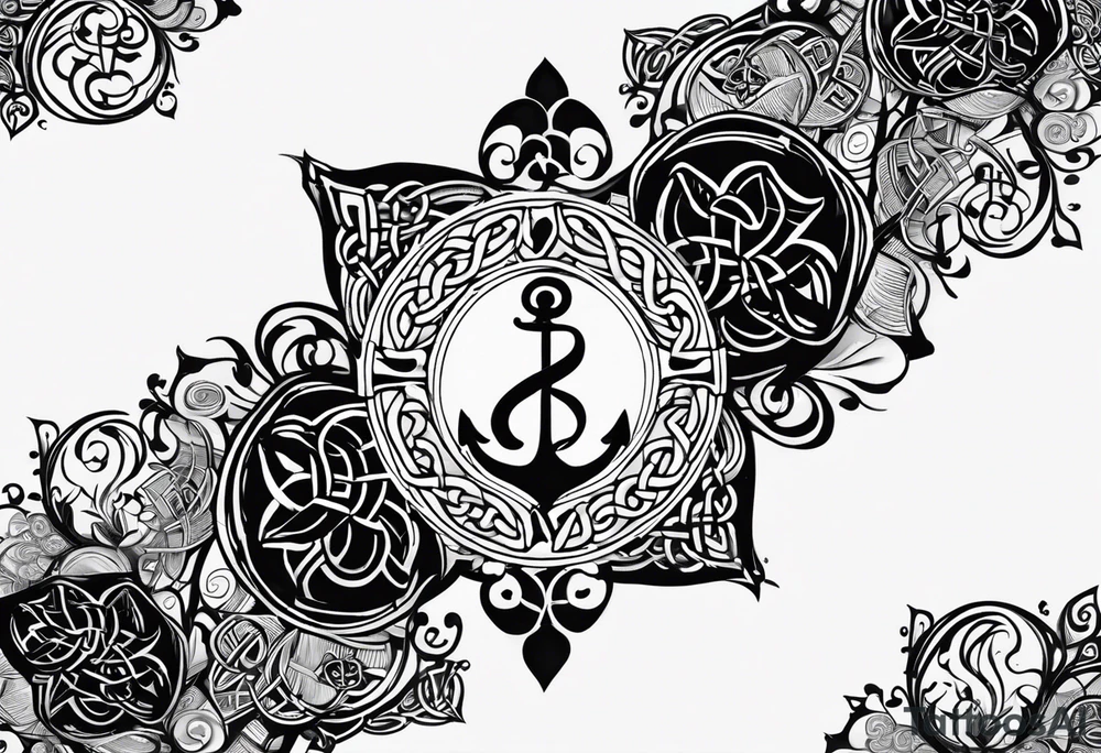 Celtic styling, anchor, bass clef note, treble clef note, dog paw print, half sleeve, forearm tattoo idea