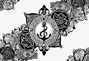 Celtic styling, anchor, bass clef note, treble clef note, dog paw print, half sleeve, forearm tattoo idea
