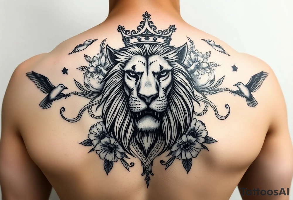 powerful majestic lion with a crown, surrounded by floral ornaments and birds tattoo idea