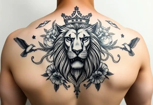 powerful majestic lion with a crown, surrounded by floral ornaments and birds tattoo idea