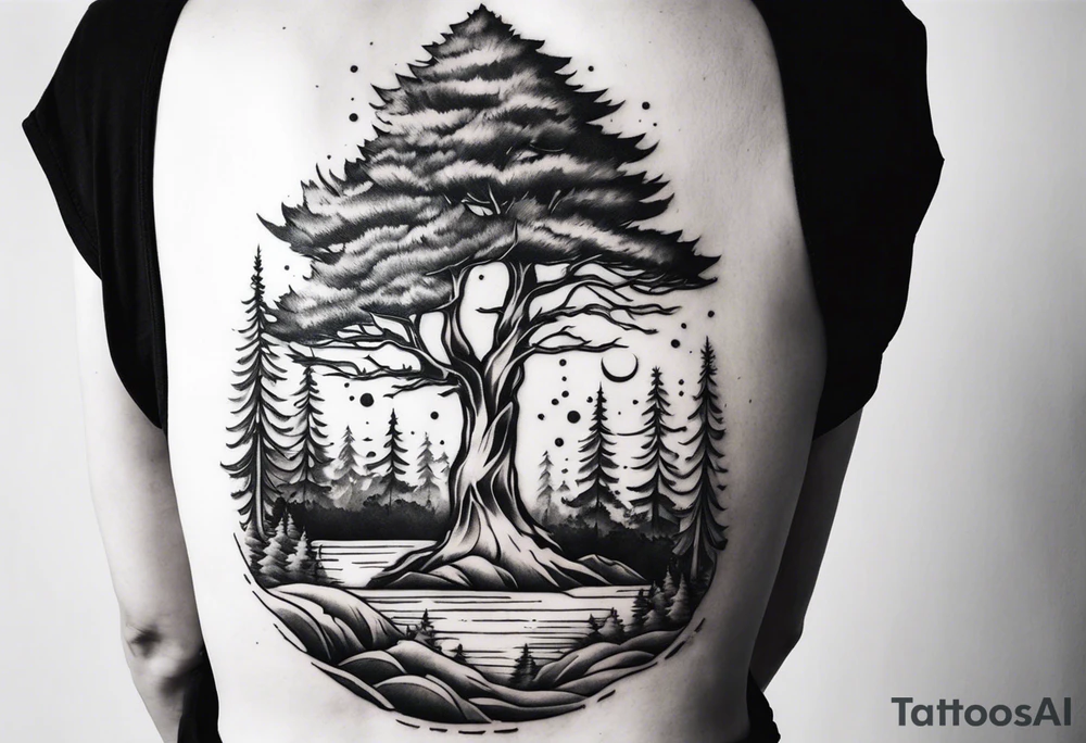 Full back tattoo ancient pine Forrest tattoo idea